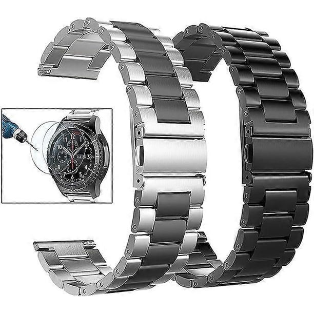 For Samsung Gear S2/Gear Sport 20mm Bands, 2 Pack Solid Metal Strap Stainless Steel Strap, Silver/Black+Black.