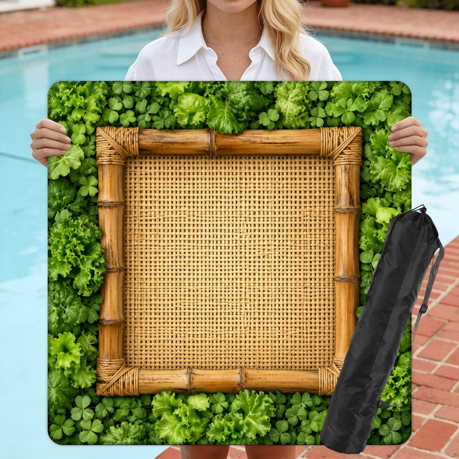Mahjong Mat 31.5" x 31.5" Bamboo Framed Rattan Weave Green Floral Non-Slip Noise Reduction American Mahjong Tiles Table Cover for Dominoes Poker Card Board Games Gift