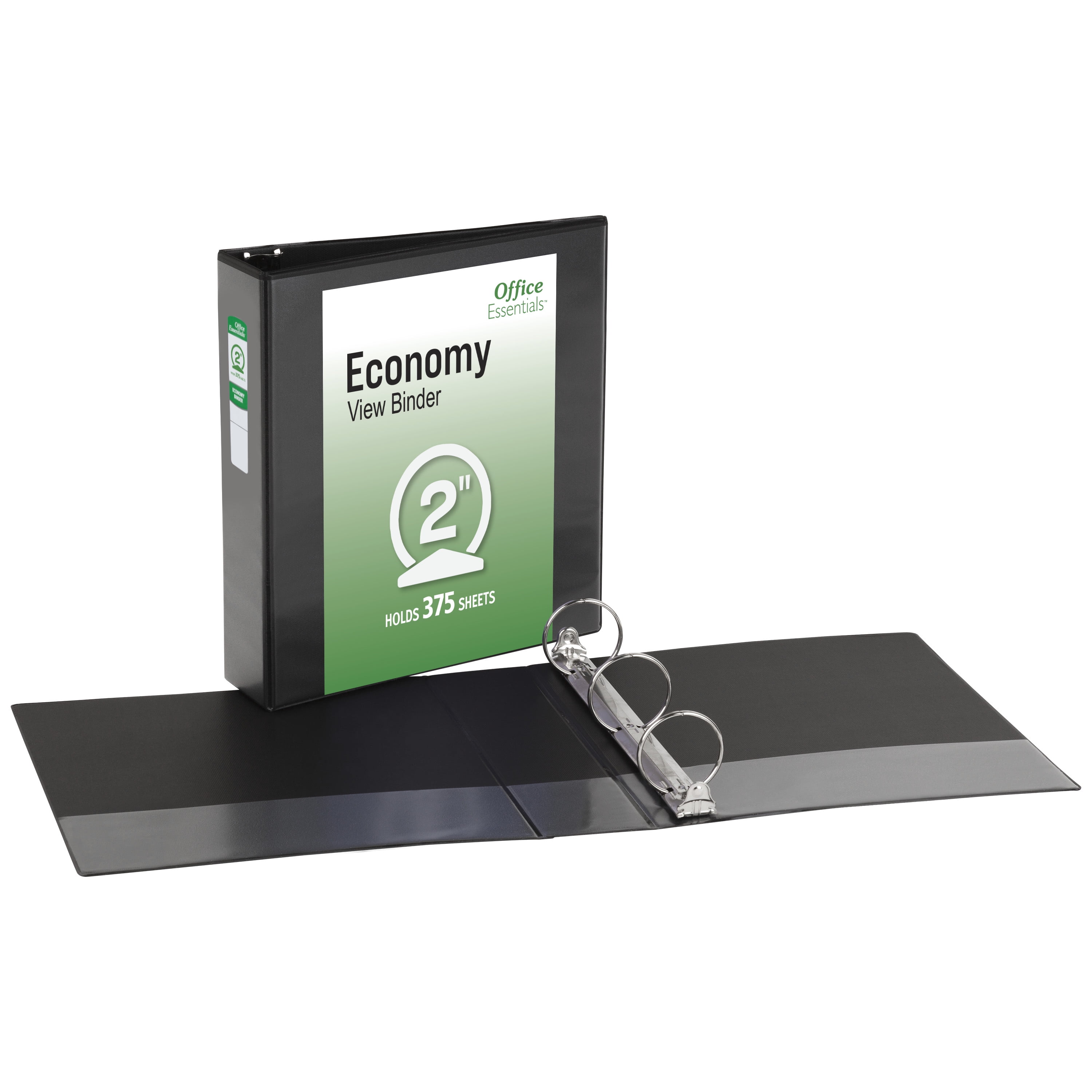 Office Essentials Economy View 3 Ring Binders, 2" Round Rings, 2.8" Spine, 375-Sheet Capacity, Black Binders (12-Pack of 03429)