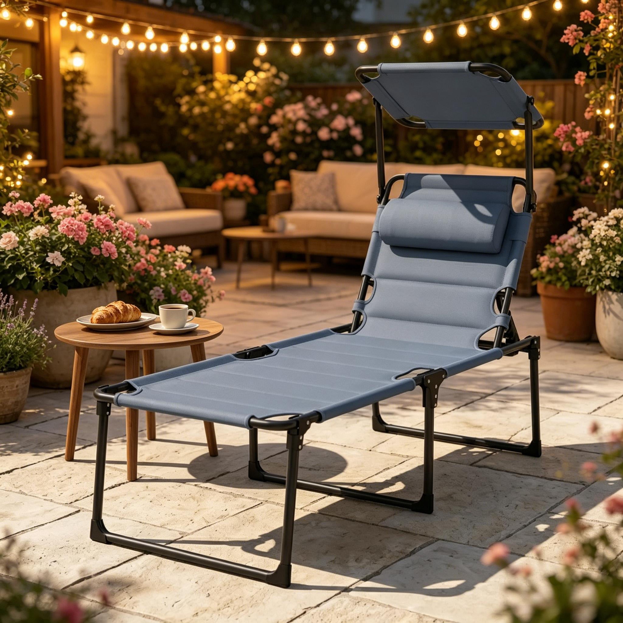 Foldable Outdoor Reclining Sun Lounger with Adjustable Sun Canopy, 4-Position Backrest Patio Chaise Lounge with Washable Pillow, 264 LBS Capacity Steel Frame