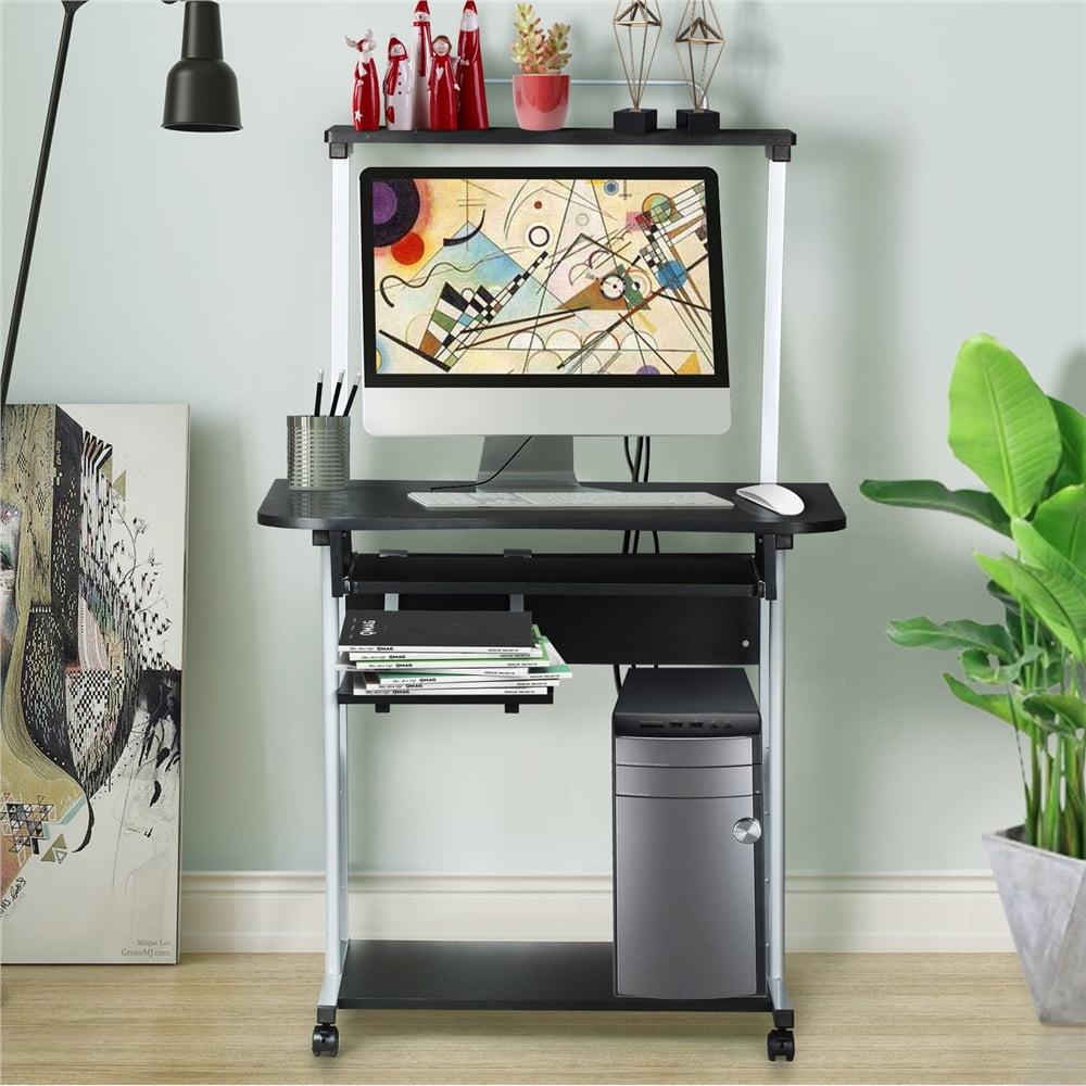 Topeakmart Rolling Computer Desk w/ Printer Shelf & Keyboard Tray, Black