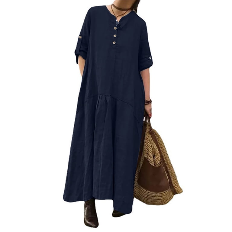 Blvb Casual Maxi Dresses for Women 3/4 Sleeve Loose Summer Cotton Linen Long Dress V Neck Button Flowy T Shirt Dress, Women's, Size: Large, Blue