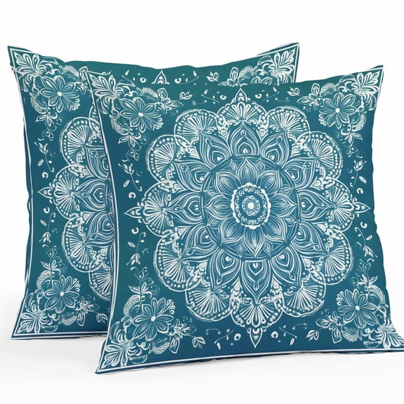 Waterproof Throw Pillow Covers Set of 2, 18x18 Inch Teal Boho Floral Decorative Pillowcases Outdoor Pillow Slip Cushion Covers Set for Couch Tent Farmhouse Ethnic Tribal Abstract Art