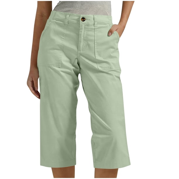 TaTaai Women's Elastic Waist Cargo Pants 7/8 Length Straight Leg Casual Trousers with Multiple Pockets Solid Color for Utility Work and Outdoor Casual Wear Gift