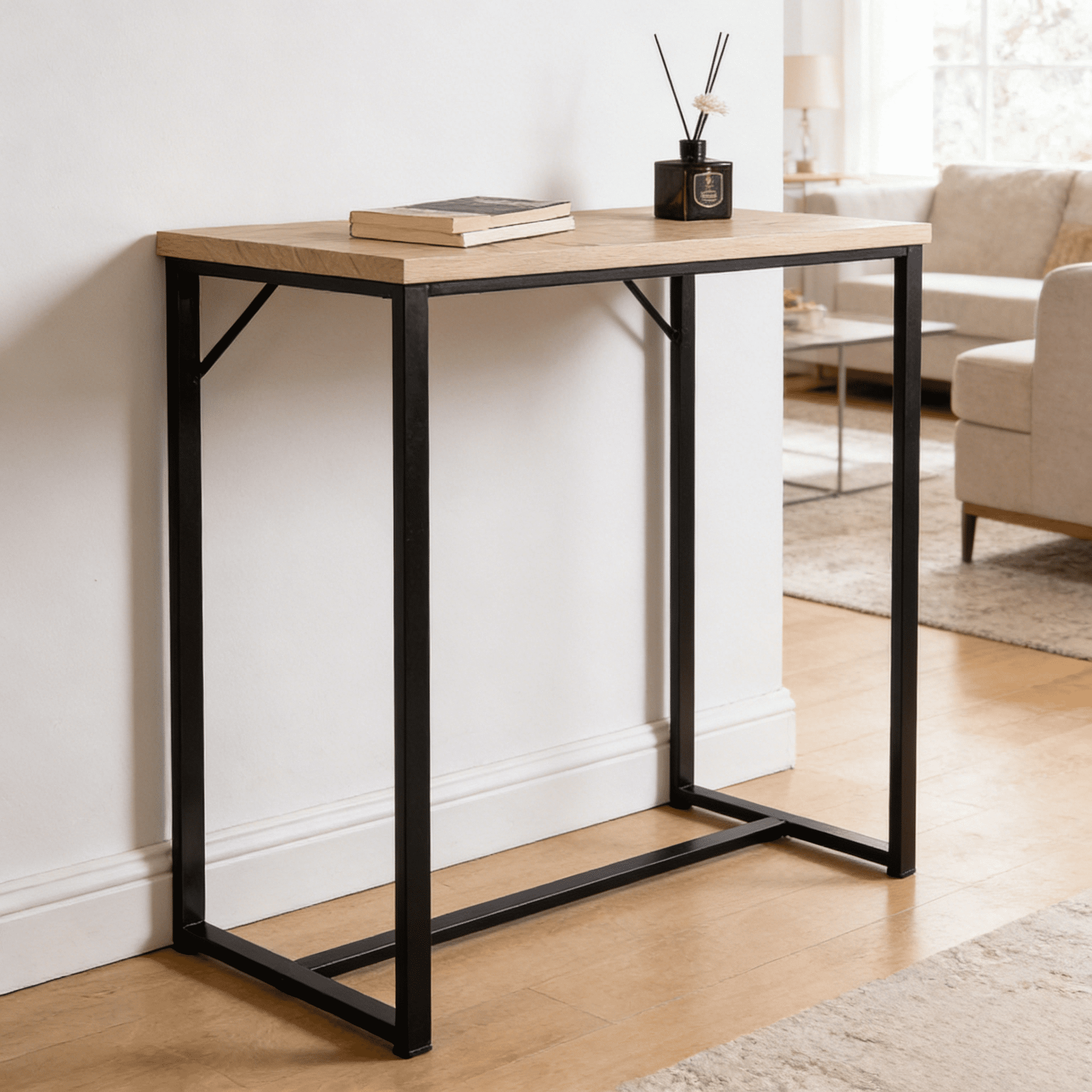 Bali Coastal Modern Console Table Natural Wood Top with Black Metal Legs