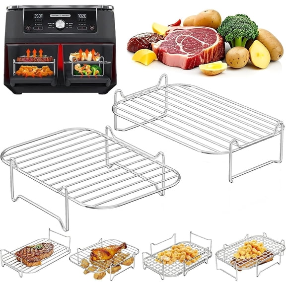 Air Fryer Rack for Ninja Dual Basket DZ201 DZ401 DZ550, 2Pcs Stackable Stainless Steel Grill Rack
