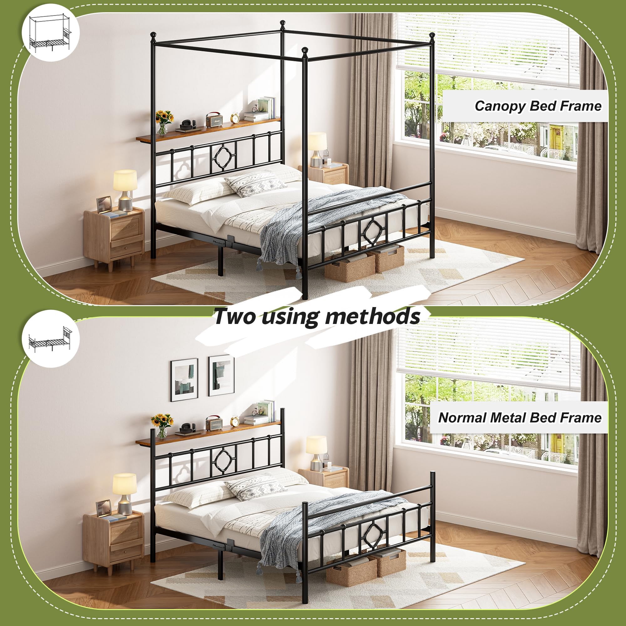 EnHomee Full Size Canopy Bed Frame with Headboard Canopy Metal Bed Frame with 4 Removable Posts Platform Metal Canopy Bed, Curtain Not Included, Black