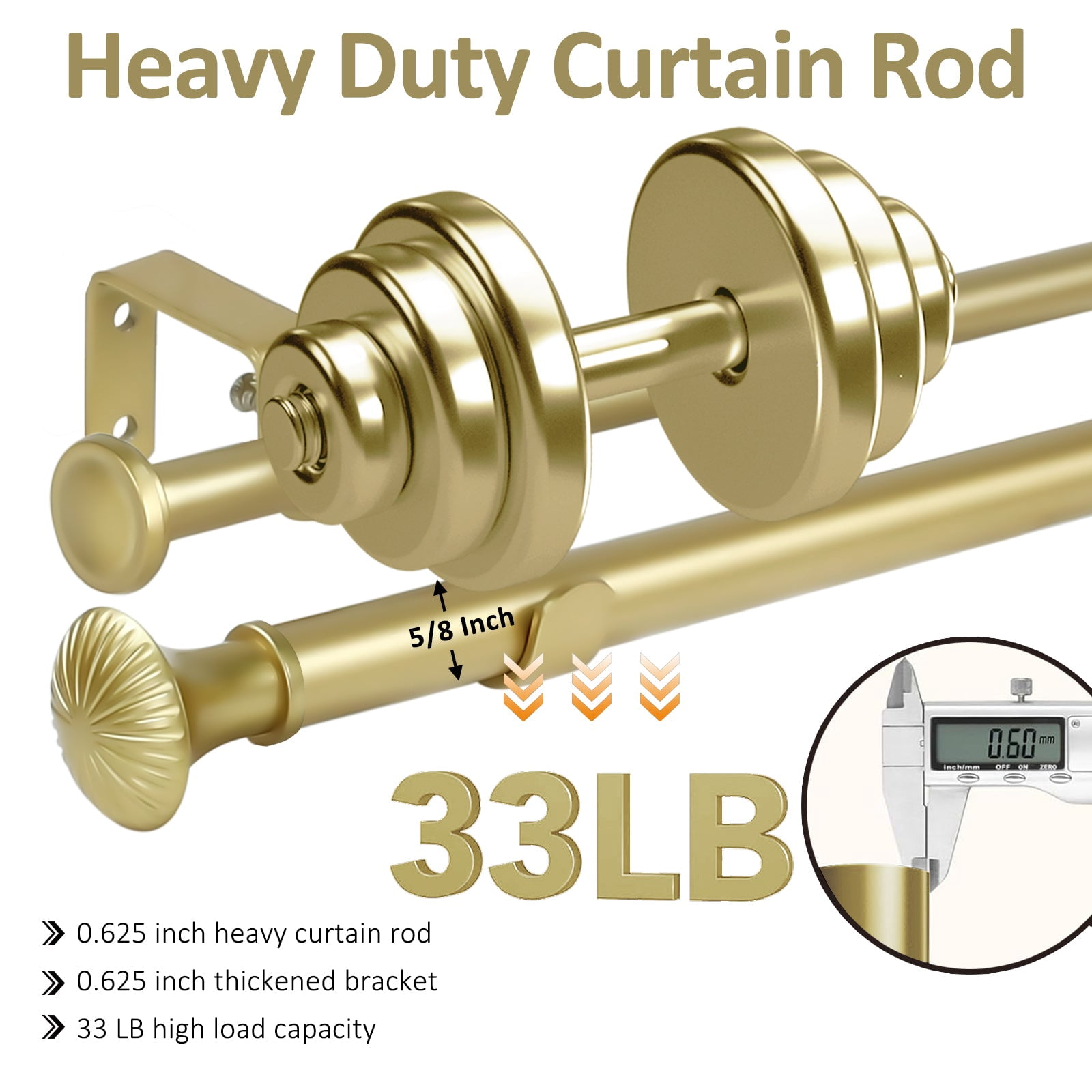 Ridicili 5/8" Telescoping Double Curtain Rods with Trumpet Finials, Gold, 84"-120", 5/8 Inches Front and 1/2 Inches Back Double Window Drapery Rod