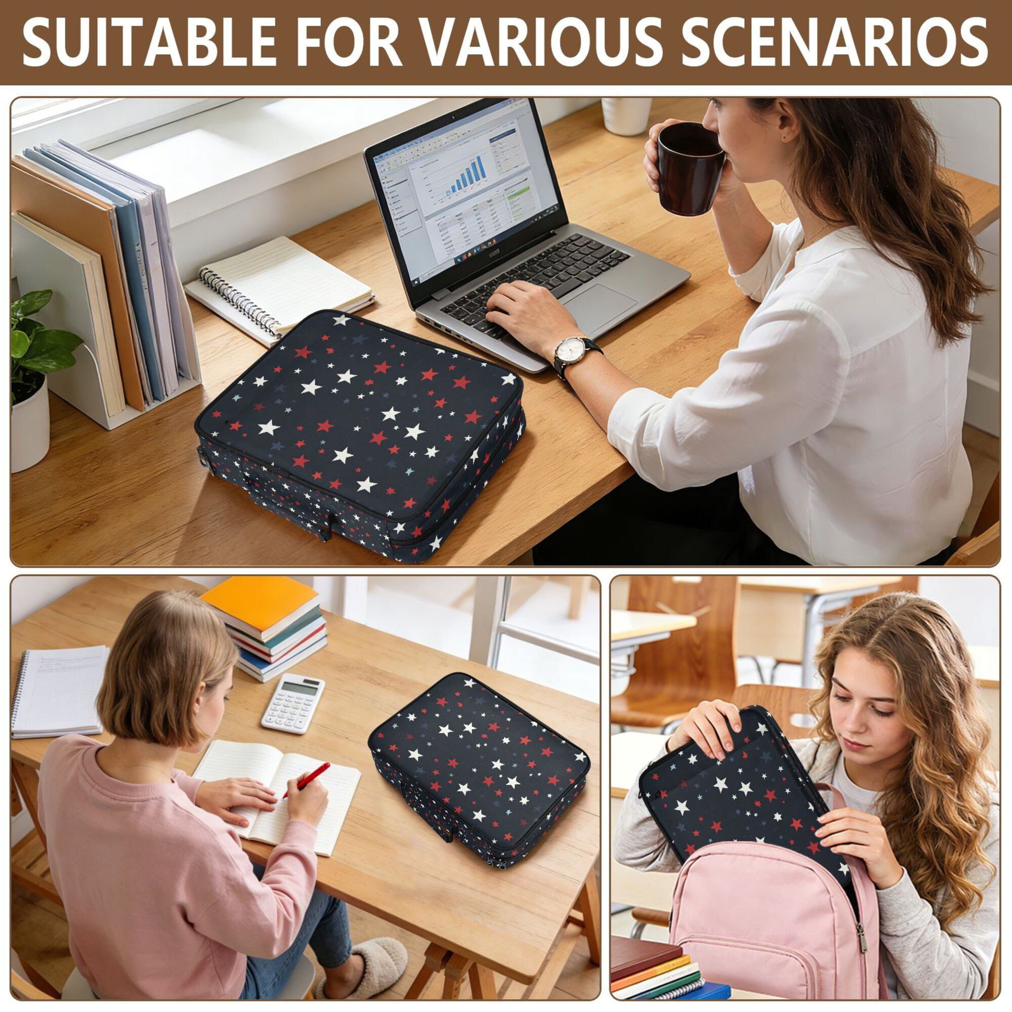 FORMRS Accordion File Folder A4 Size 7-Pocket Expanding Document Organizer Bag with 3 Ring Binder, Blue Stars Pattern