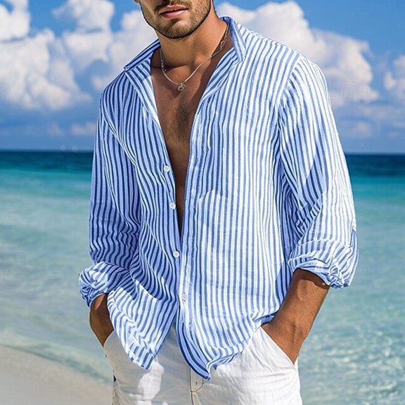 Men's Casual Loose Fit Striped Long Sleeve Button Down Shirt, Turn Down Collar Top for Spring Fall Daily Outfits, Soft Breathable Cotton Fabric, Relaxed and Comfortable Blue L