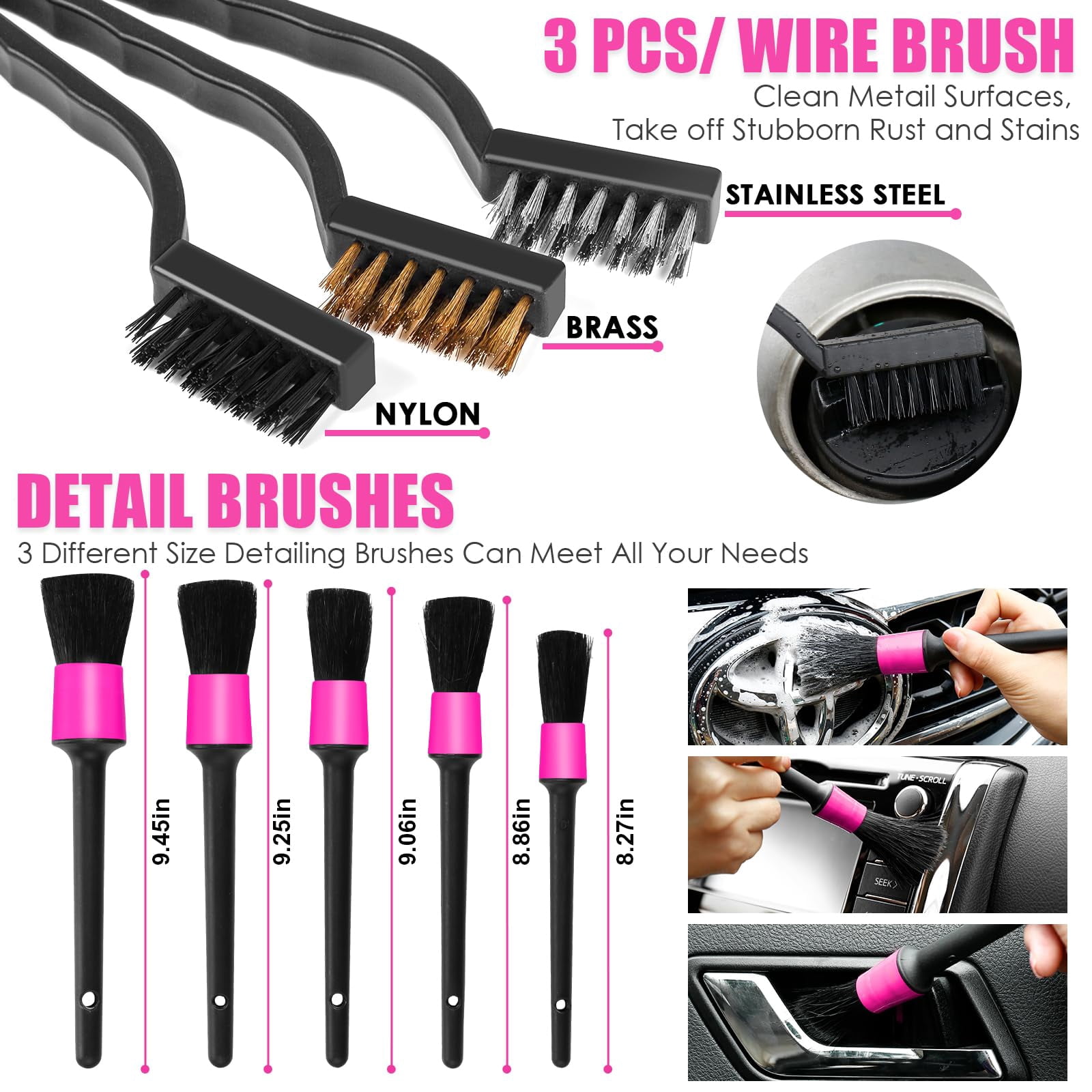 Pink Car Interior Detailing Kit, Auto Cleaning Set with Handheld Vacuum, Detailing Brushes, Windshield Cleaner and Cleaning Gel, Perfect Car Accessories for Women