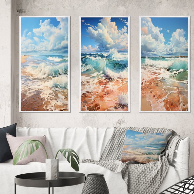 Designart "Simplicity Beach Landscape IV" Nautical & Beach Framed Wall Art Set Of 3 - White Beach Frame Gallery Wall Set For Home Decor