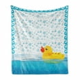 thumbnail image 1 of Yellow Duck Soft Flannel Fleece Blanket, Funny Swimming Animal Rubber Toy on Water with Bubbles and Waves, Cozy Plush for Indoor and Outdoor Use, 50" x 70", Sky Blue Yellow and White, by Ambesonne, 1 of 6
