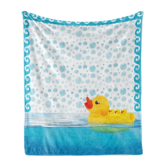 Yellow Duck Soft Flannel Fleece Blanket, Funny Swimming Animal Rubber Toy on Water with Bubbles and Waves, Cozy Plush for Indoor and Outdoor Use, 50" x 70", Sky Blue Yellow and White, by Ambesonne