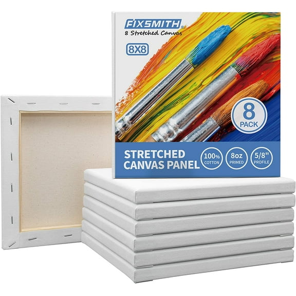 FIXSMITH Stretched White Blank Canvas- 8"x 8", 8 Pack, Primed,100% Cotton, 5/8 Inch Profile of Super Value Pack for Acrylics, Oils & Other Painting Media.