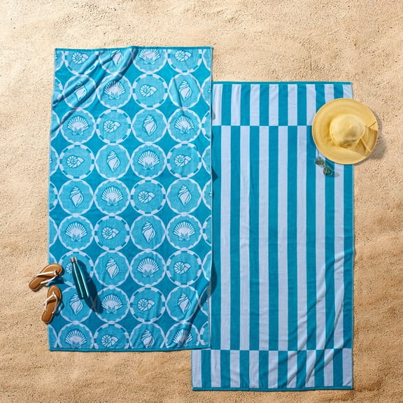 Better Homes & Gardens 2 Pack Cotton Blend Beach Towels, 72 x 38 in, Blue Seashell