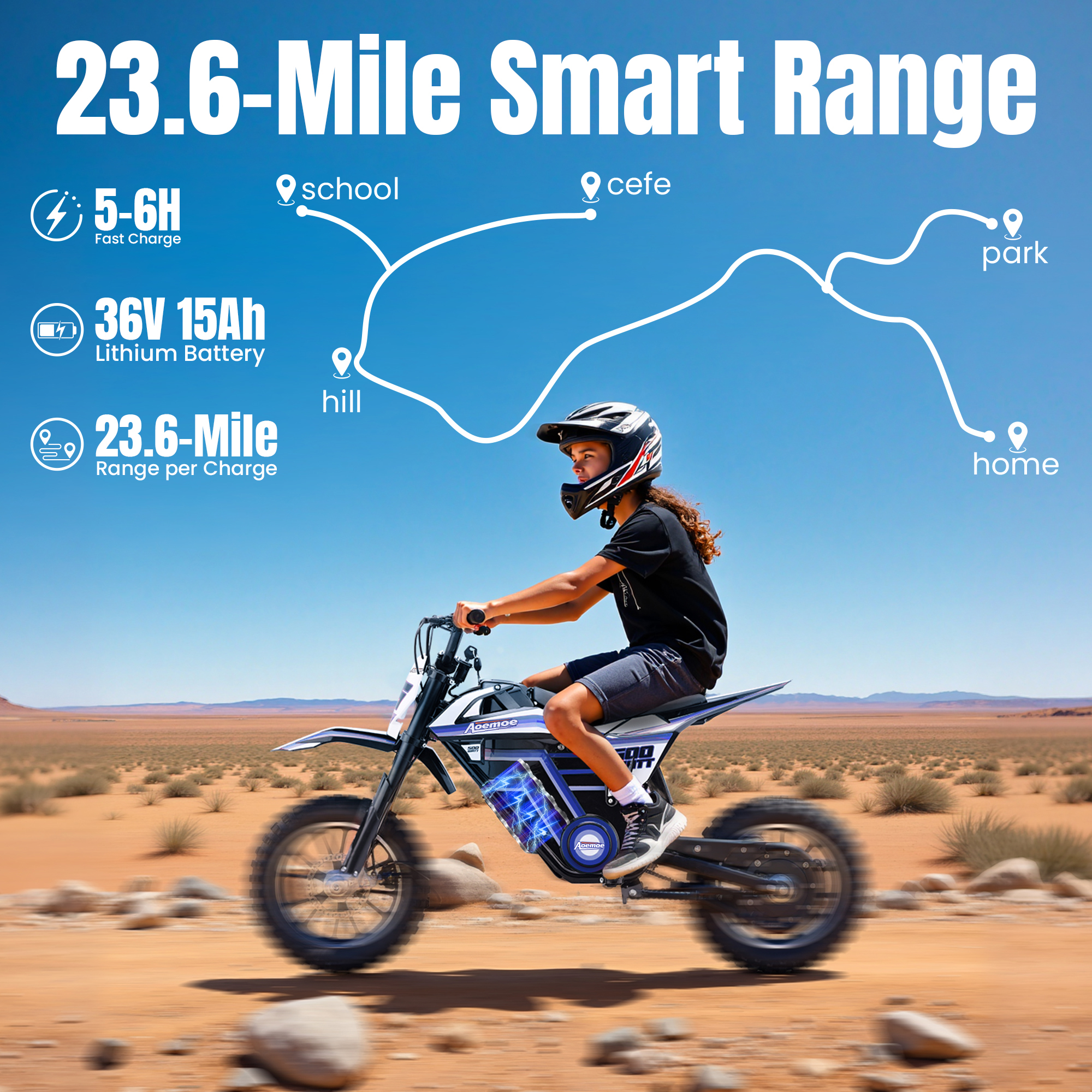 Aoemoe Motorcycle, Motorized Dirt Bikes for kids 8-14, 36V 500W – 15 MPH Top Speed, Dual Suspension, Blue