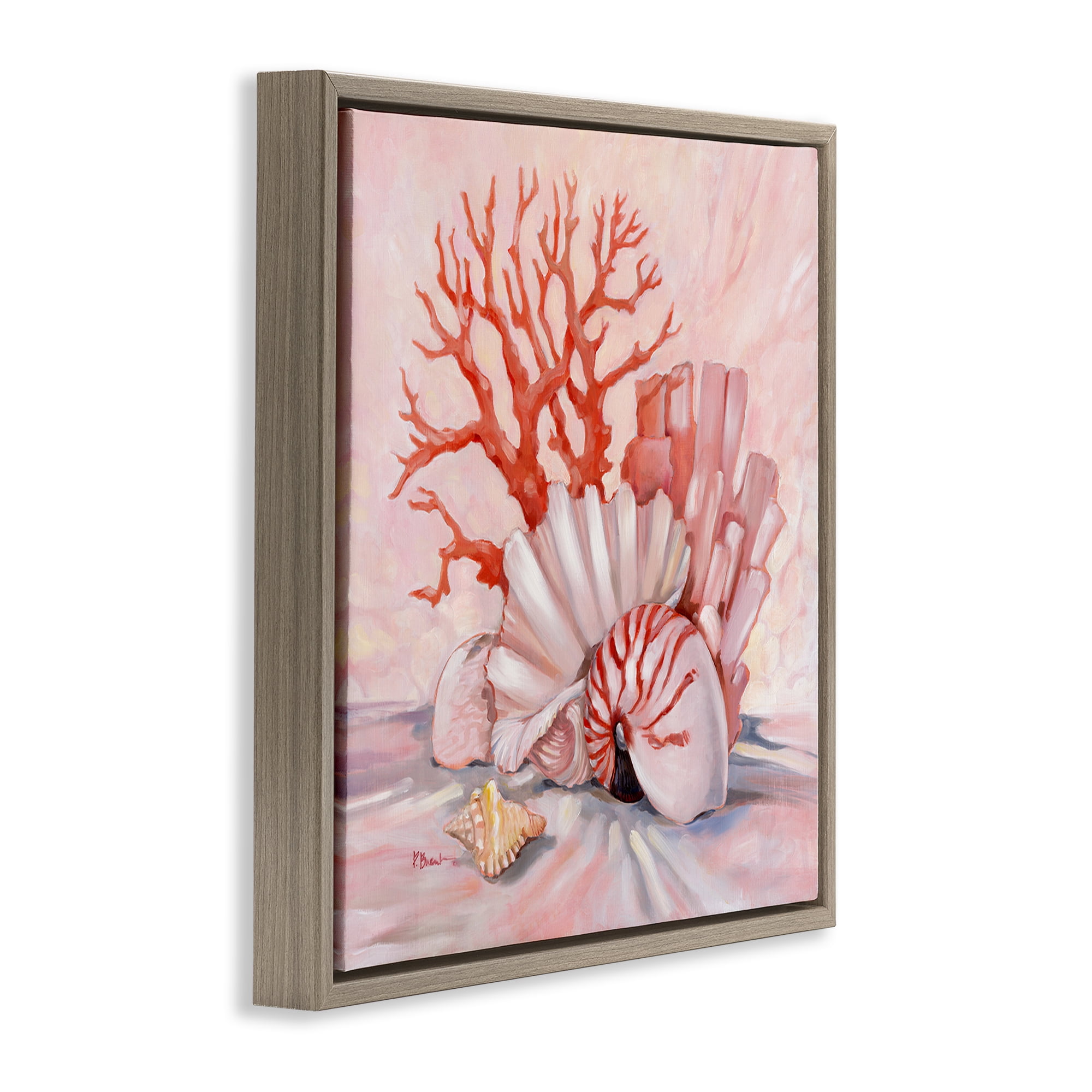 Stupell Industries Pink Coral Still Life Animals & Insects Painting Brown Floater Framed Canvas Art Print Wall Art, 18 x 18