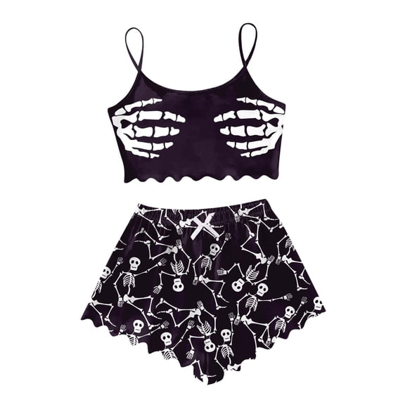 ibiyuan Halloween 2 Piece Set Women, Halloween Pajama Set, Hollow Detail Sling Top Printed Shorts Loungewear, Comfort Daily Home Night Suit
