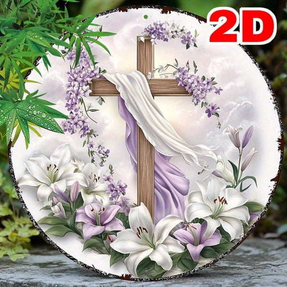 1pc, 2D Round Aluminum Easter Wreath Sign, Metal Print Circular Decor, Religious Cross Lily Flowers Design, Home Wall Art, Spiritual Gift Decor, For Farm, Office, Cafe, Bedroom, Room, Home, Bathroom