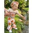 thumbnail image 4 of BemeyourBBs Newborn Baby Girls Basketball Outfit Summer Clothes Short Sleeve Embroidery Romper with Basketball Print Bell Bottom Flare Pants and Headband, 4 of 9