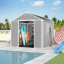 Outdoor Resin Storage Shed, 8x8 FT Plastic Waterproof Storage Sheds with Floor , Window, Lockable Doors and Vents, Garden Shed, 3-Proof Design Roof, All Weather Use, Grey