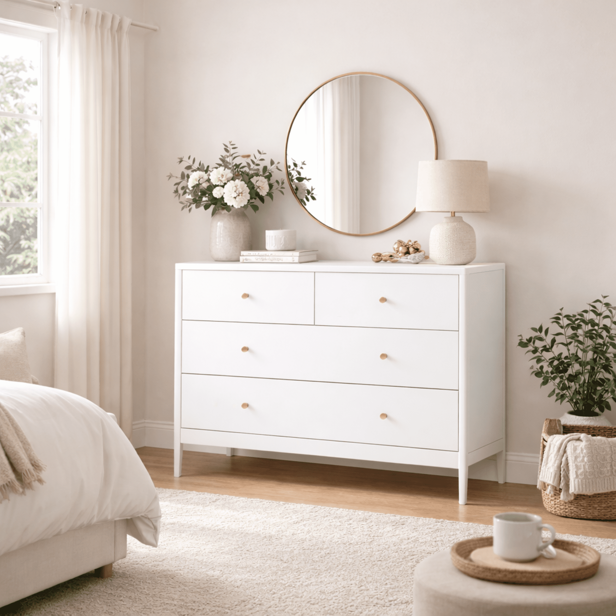 4-Drawer Wooden Dresser, White Toddler Storage Cabinet for Nursery, Bedroom, Closet & Living Room, 35.4" Wide