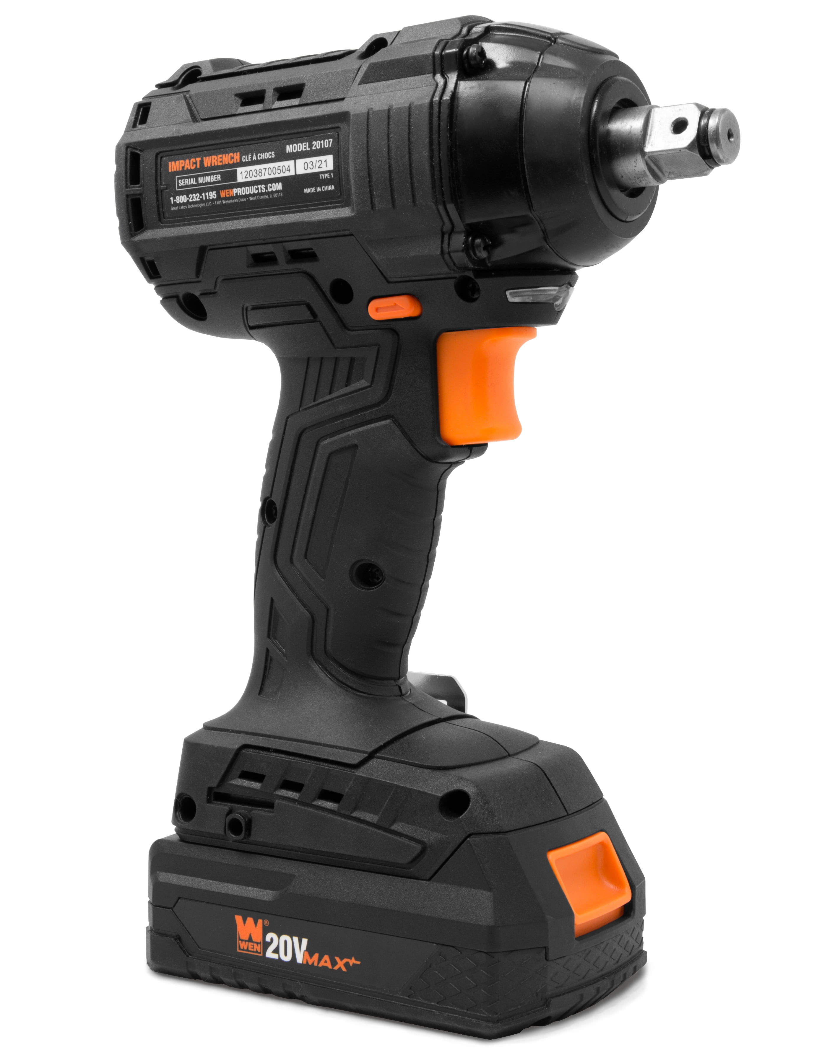 WEN 20V Max Brushless Cordless 1 2 Inch Impact Wrench with 2.0 Ah