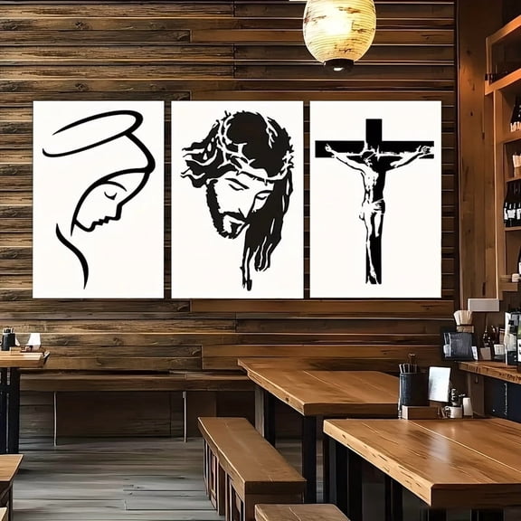 3pcs Religious Wall Art Set - Black & White Line Drawings of, Mary, and Cross - Minimalist Canvas Prints for Home, Office, or Bedroom Decor - High-Quality, Frameless Christian Posters for Living Roo