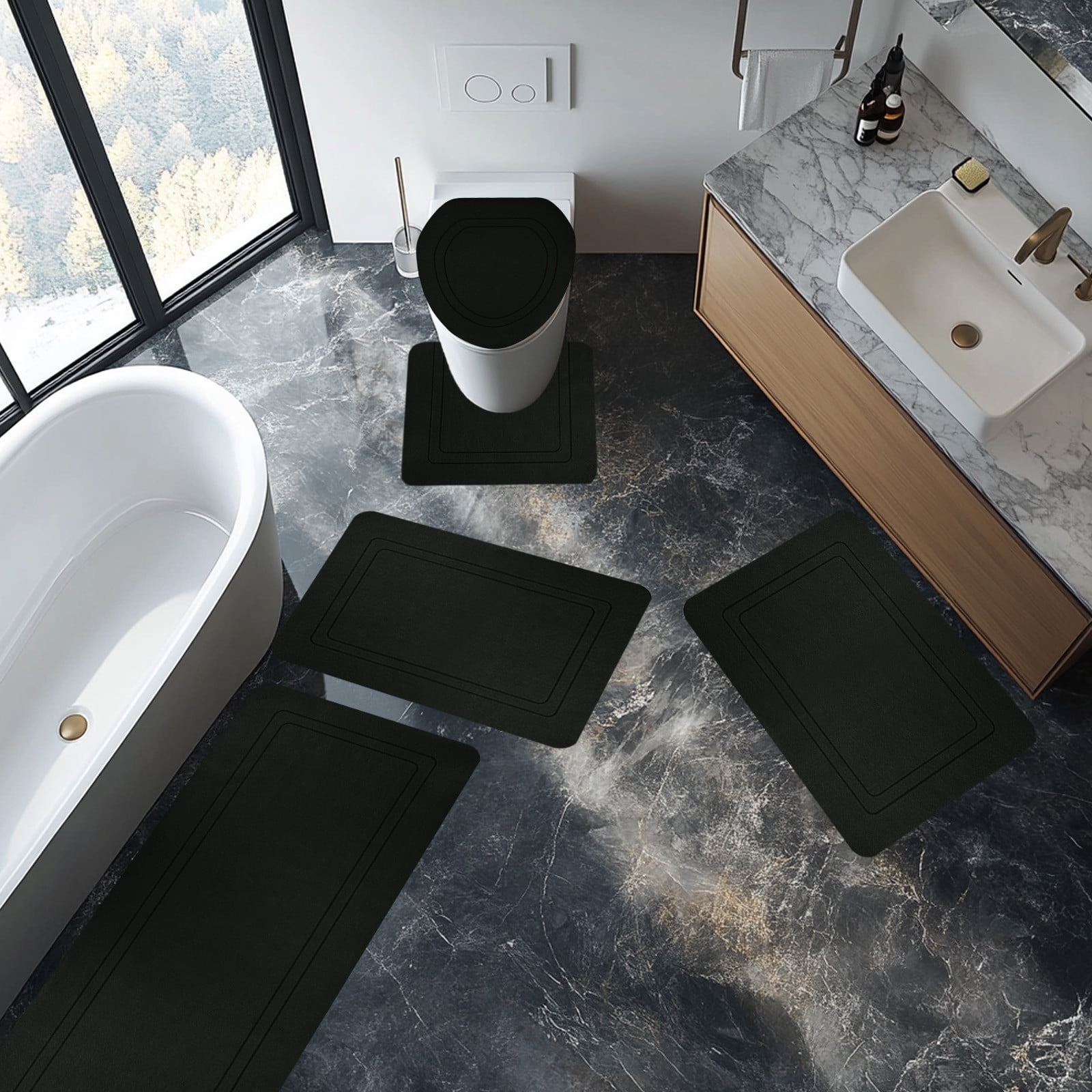 Twfbrm 5 Piece Bathroom Rugs Set, Modern Style Ultra Thin Bath Mat Fit Under Door, Non-Slip Rubber Backing Floor Mat, Super Absorbent Quick-Dry Washable Shower Mat for Toilet Bathtub and Kitchen