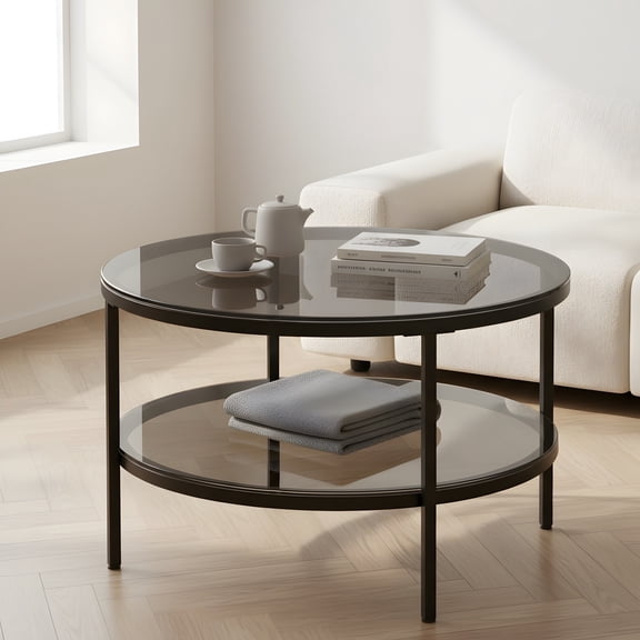 Round Modern Coffee Table with Tempered Glass Top - Black Accent Table