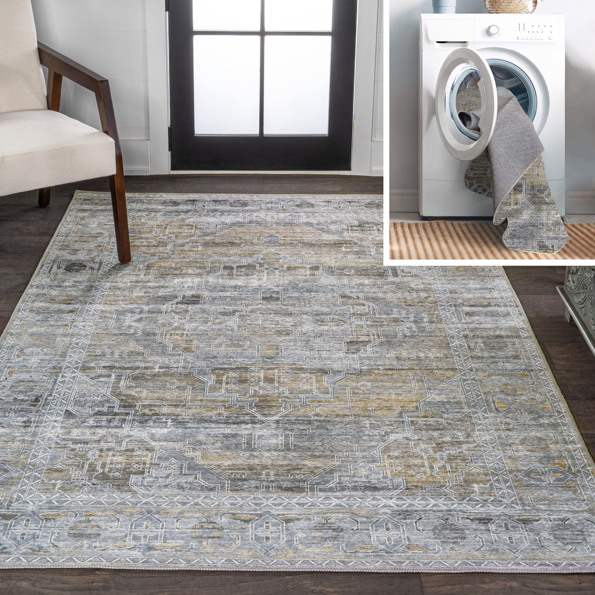 JONATHAN Y WASHABLE 4 x 6 Area Rug, Alanya Ornate Medallion - Gray/Mustard, WSH100D-4