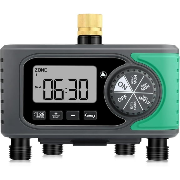 4-Outlet Sprinkler Timer with Brass Inlet, 4 Zone Programmable Water Timer for Garden Hose, Automatic Digital Control | Manual ON/Off | Rain Delay, for Outdoor Faucet, Drip Irrigation and Lawn