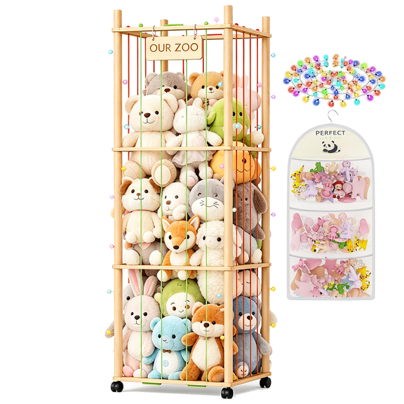 Stuffed Animal Zoo Storage Organizer with Wheels, Large Rolling Plush Toy Storage with Elastic Cords for Bedroom and Playroom, Natural