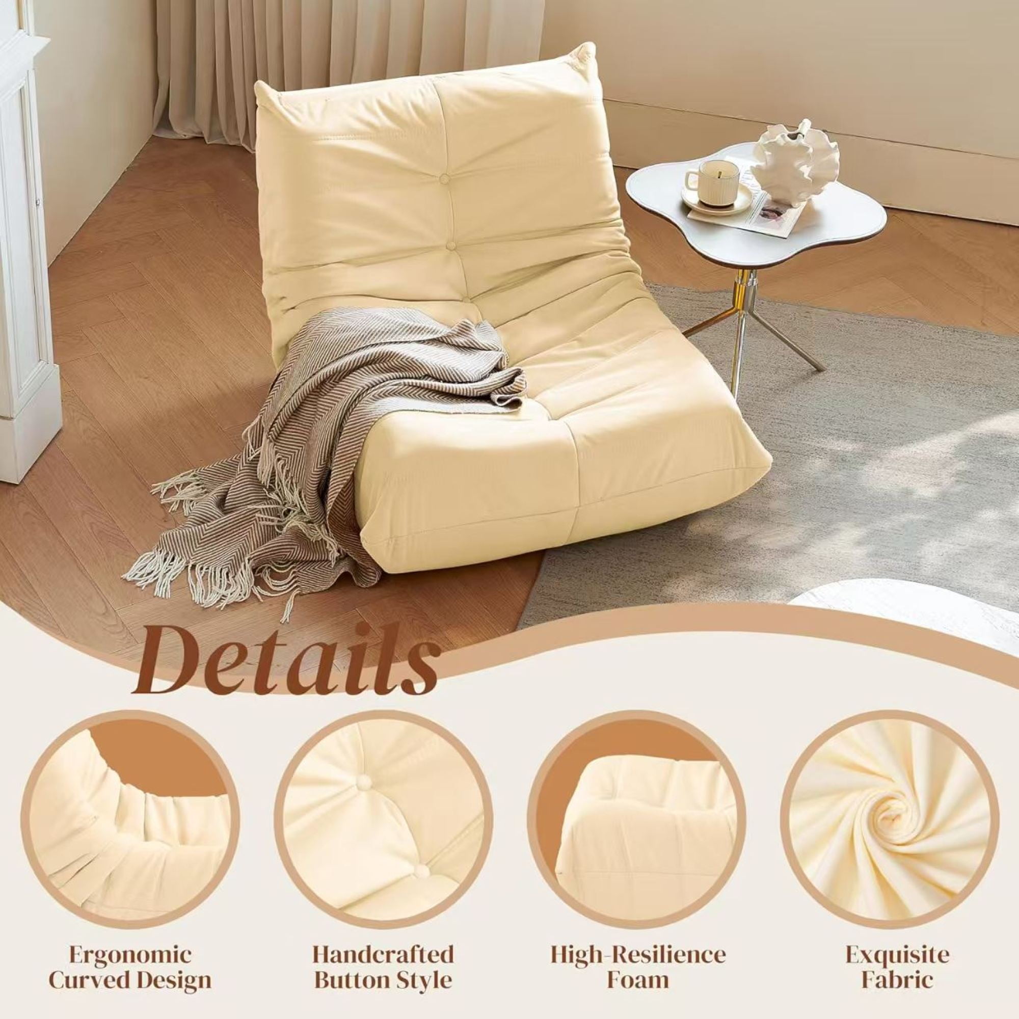 Modern Lounge Chair for Indoor,Button Tufted Corduroy Upholstered Recliner,Deck Chair for Bedroom Living Room,White