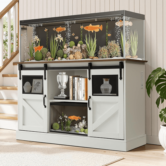 Magic Union 55-75 Gallon Large Fish Tank Stand, Heavy Duty Aquarium Stand w/Power Outlet and Sliding Barn Doors, Table for Fish Turtle Tank Reptile Terrarium w/Cabinet for Accessories Storage