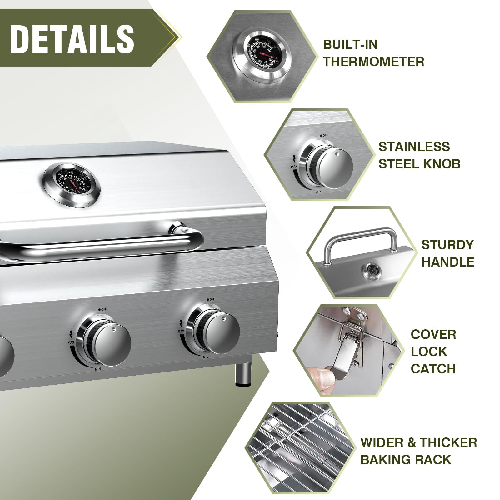 Frizi 3-Burner Tabletop Gas Grill, 30,000 BTU Portable Propane Grill - Heavy-Duty Thickened Grates & Stainless Steel Knobs