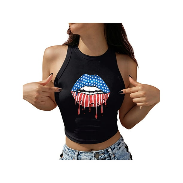 VISgogo Mujeres Día de la Independencia Tank Tops, Adultos Slim-fit Star amp; Stripe Print Cuello Redondo Crop Tops VISgogo moda
