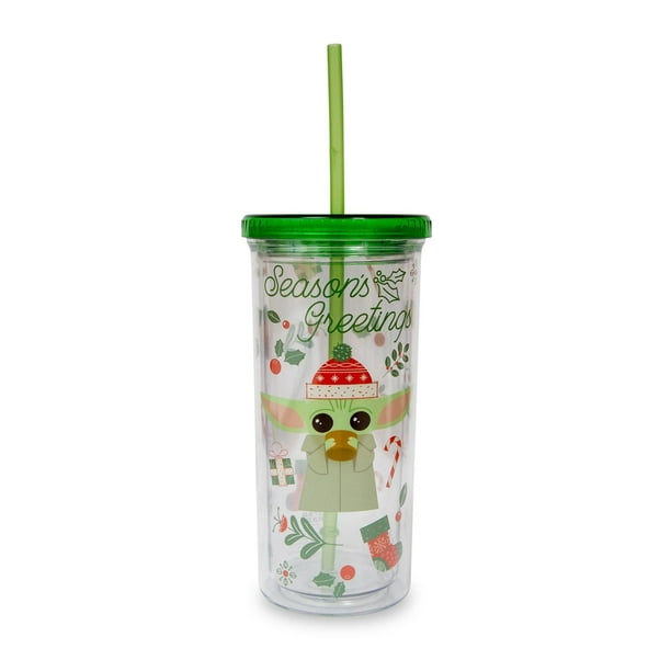 Vaso frío Silver Buffalo Star Wars: The Mandalorian Grogu Christmas Icons de plástico con pajita reutilizable y tapa a prueba de fugas