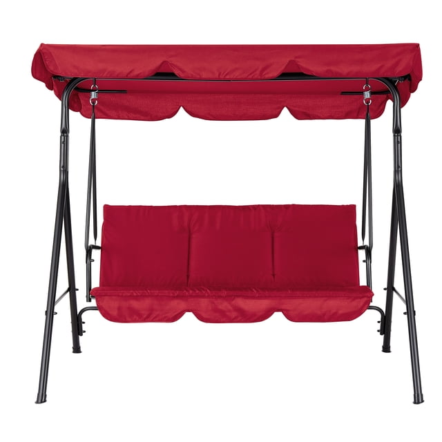 Chaise Balançoire de Patio Extérieure à 3 Places – Auvent Réglable, Cadre en Acier Robuste, Siège en Textilène Respirant, Berceuse Rembourrée Imperméable – pour Jardin, Cour Arrière, Terrasse, Bord de Piscine – Rouge-Z1