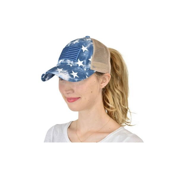 C.C Ponycap Messy High Bun Ponytail Adjustable Mesh Trucker Baseball Cap Hat, Criss Cross Stars and Flag, Navy