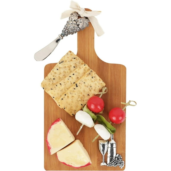 Bamboo Cheese Board with Spreader - Cheese Tray with Grape and Wine Motif and Metal Spreader - Charcuterie Board for Serving Snacks - Gift for Wine Lovers