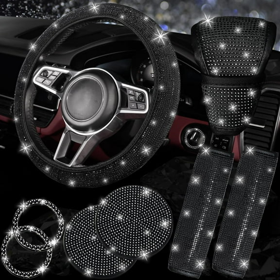 HXX Car Accessories for Women Interior - 8PC Sparkly Rhinestone Diamond Set with Steering Wheel Cover, Universal Fit Most Cars
