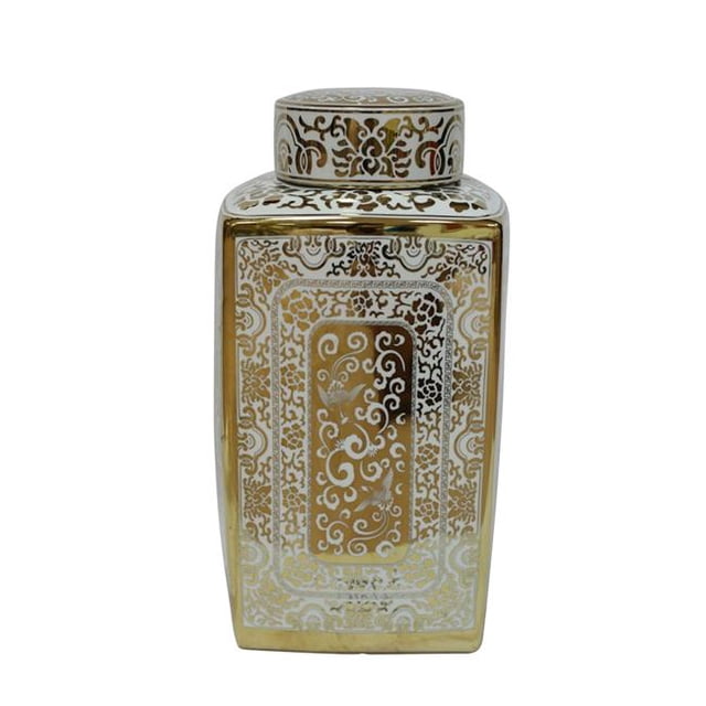Benzara BM153724 Gleaming Decorative Ceramic Covered Jar in White & Gold