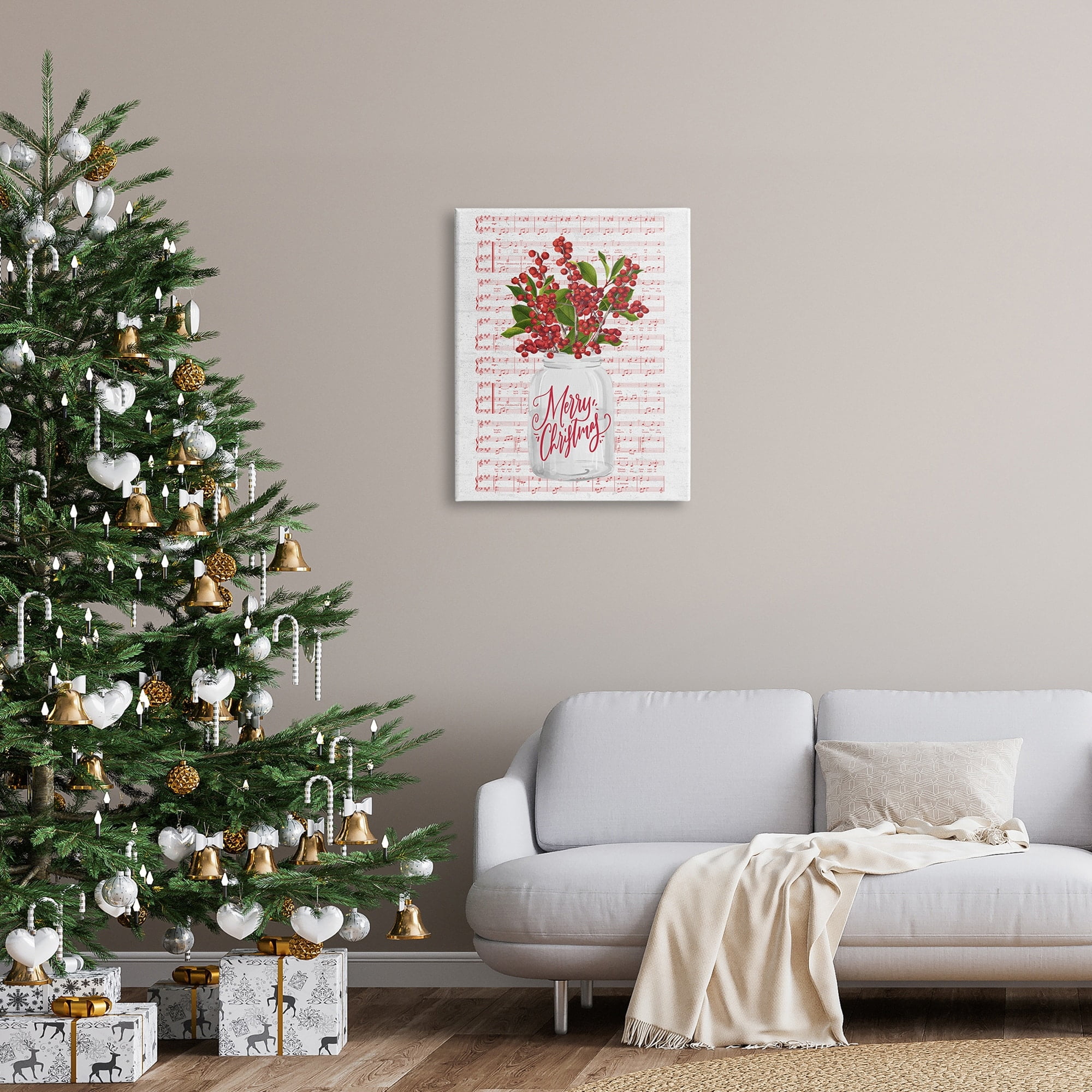 Christmas Holly Plant Music Sheet Notes Background Botanical & Floral Graphic Art Gallery-Wrapped Canvas Print Wall Art