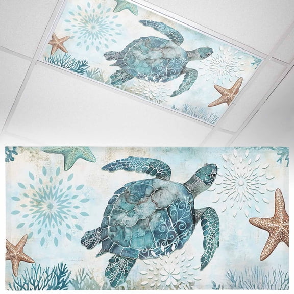 Ceiling Light Cover for Classroom, Blue Sea Turtle Starfish Magnetic Fluorescent Light Covers Filter for School,Office, 2X4 FT, Pack of 1, Summer Ocean Coastal