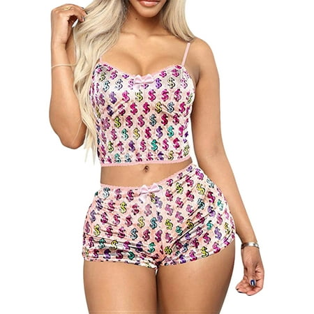 

Julycc Women Printed Lingerie Pajamas Cami Tops Shorts Nightwear Set Sleepwear Pjs