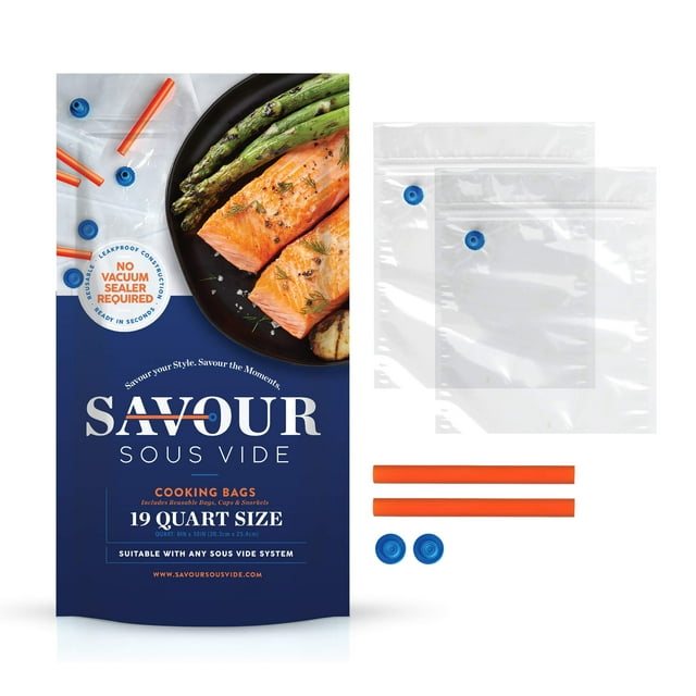 Savour Sous Vide Sacs de Cuisson (19 Unités Taille Quart), Réutilisables, Rapides et Simples, Étanches, Sans Scelleuse sous Vide, Sans BPA/BPS