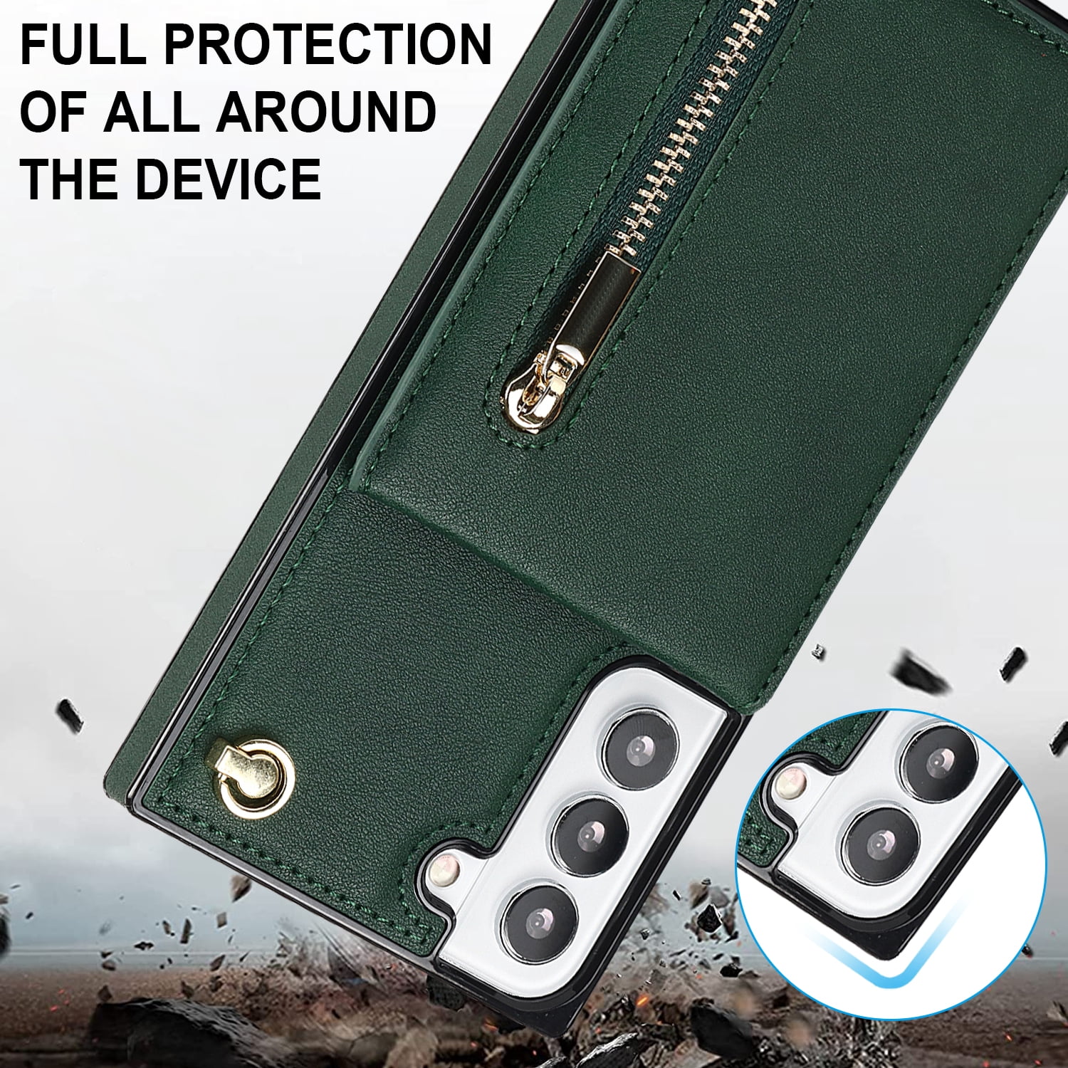 Dteck Flip Leather Wallet Case for Samsung Galaxy S24 Plus, Crossbody Wallet Case with Credit Card Holder Zipper Pocket Lanyard Shoulder Strap, Kickstand Phone Cover for Samsung S24 Plus,Green