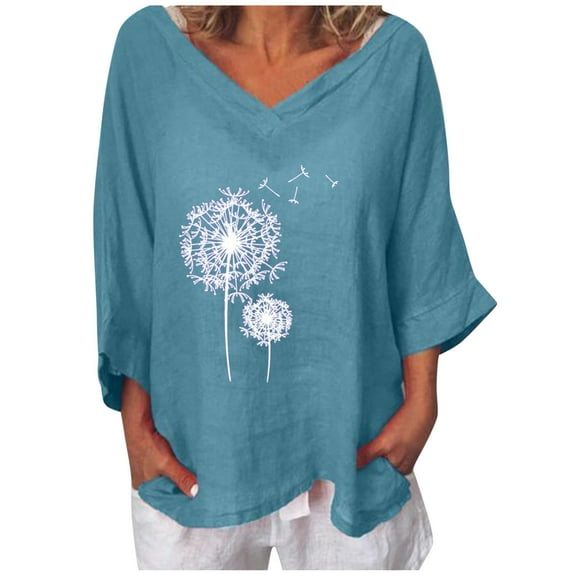 DDAPJ pyju Plus Size Cotton Linen Shirts for Women,3/4 Sleeve V Neck Casual Blouse Dandelion Print Tee Tops Loose Comfy Longshirt S - 5XL